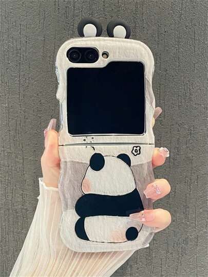 Söt rolig 3D-panda med öronsnäckor, kompatibel med Z Flip6, Z ZFlip 5, ZFlip 4, Z Flip3 5G, vågigt lyxigt tecknat mjukt bakstycke
