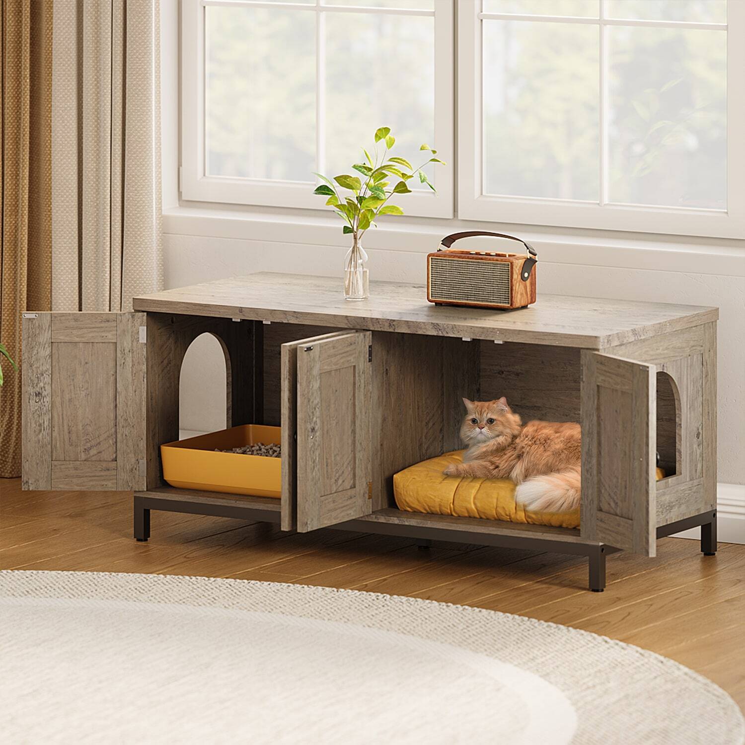 Cat Litter Box Enclosure, Indoor Wooden Cat House For 2 Cats, Litter