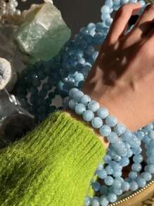 1 Peça Pulseira de Contas de Água-Marinha Natural para Mulheres, Pulseira Elástica Trendy de Laço Único, Adequada para Uso Diário de Senhoras no Verão