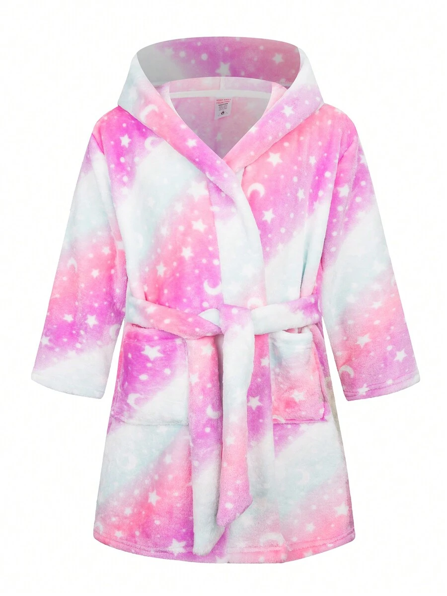 年轻女孩全身印花连帽系带法兰绒睡袍 - 彩色 - 查看 1