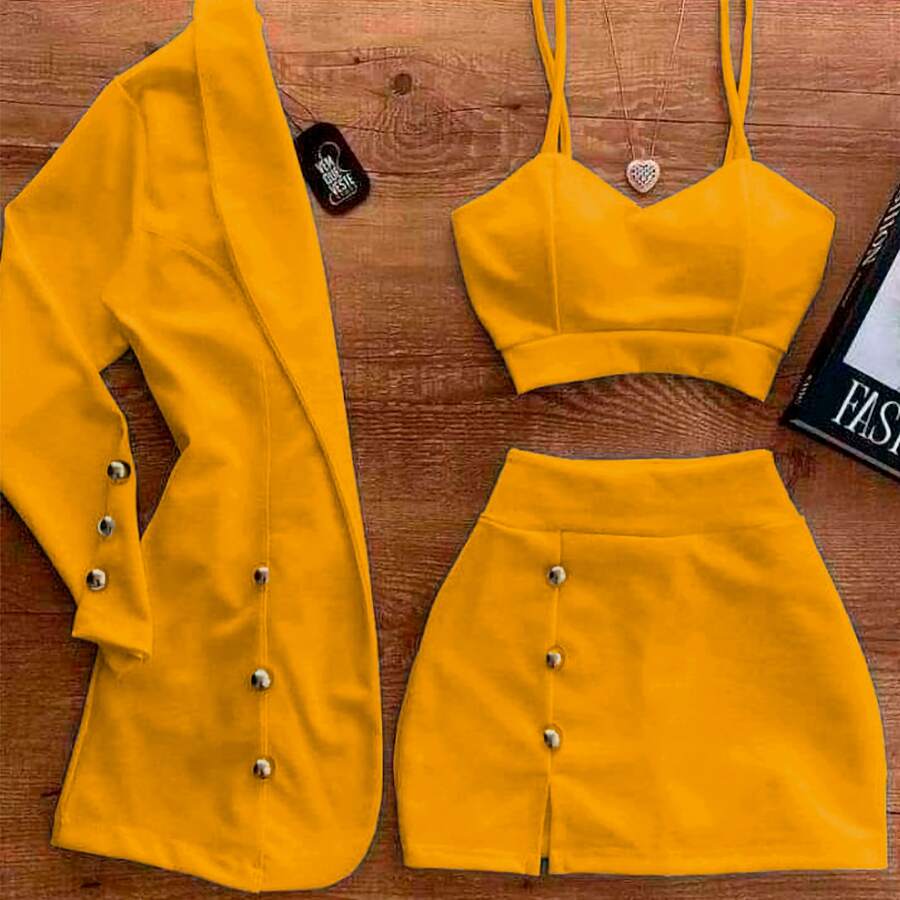 Vestido corto cruzado manga corta falda fluida - Amarillo - Ver 1