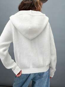 Zip Up Knit Drawstring Hooded Cardigan, Elegant Long Sleeve Outwear For Spring & Fall, Women's Clothing