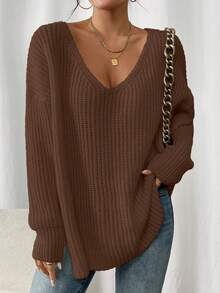 Women's Solid Color V-Neck Dropped Shoulder Long Sleeve Loose Casual Sweater, Autumn/Winter