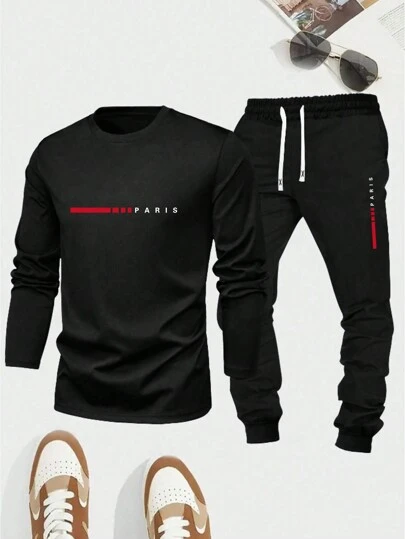 2pcs Men's Plus Size Paris Letter Print Crew Neck Long Sleeve Casual T-Shirt + Casual Pants Set, 180gsm Double-Sided Brushed Fabric T-Shirt, 250gsm Brushed Fabric Pants