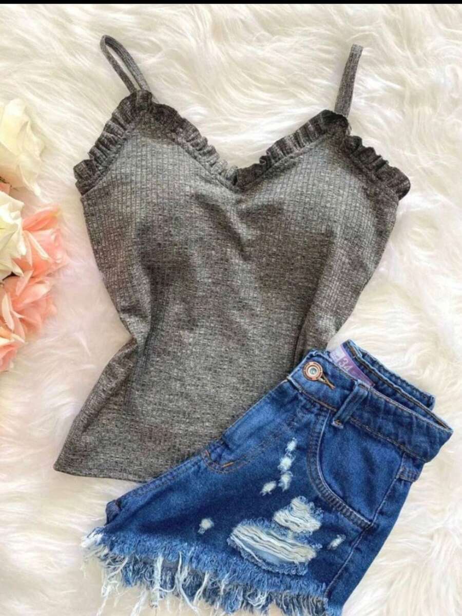 Ruffled Tank Top Women's Blouse With Ribbed Straps And Padded Basics - Xám - Xem 1