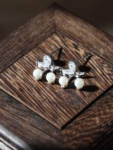 1 对 925 纯银方晶锆石蝴蝶结珍珠耳钉，奢华优雅可爱女士耳环，适合日常佩戴、外出、宴会、派对 - 銀色 - 查看 5