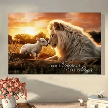 1 件 40x60 厘米/16*24 英寸“在他的面前有和平” - 充满活力的狮子和羔羊墙壁艺术，采用即挂设计，非常适合客厅和卧室装饰，无框 - 彩色 - 查看 1