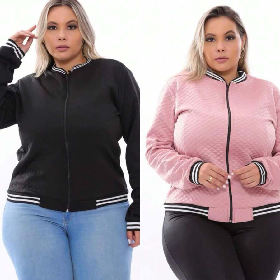 Kit 2 Plus Size Women's Bomber Jacket With Zipper G1 G2 G3 - Đen và Hồng - Xem 1