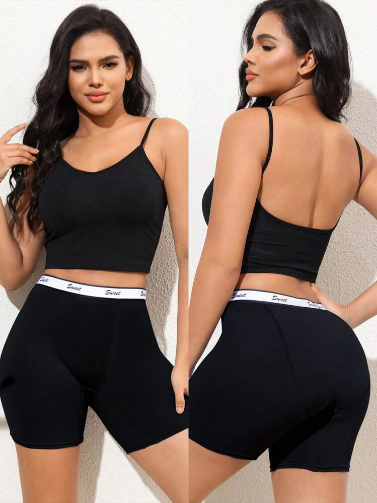 4 pièces Shorts longs en coton à taille haute noirs, portés quotidiennement de manière décontractée pour femmes - Noir - Voir 2