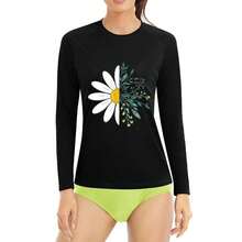 Spring And Fall Thin Tops Printed Long-Sleeved T-Shirt Summer Sunscreen Tops Woman Clothes Self-Developed Design Fresh Design Daisy Patchwork Print - 黑色 - 查看 1