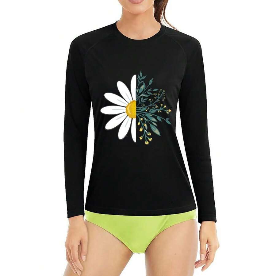 Spring And Fall Thin Tops Printed Long-Sleeved T-Shirt Summer Sunscreen Tops Woman Clothes Self-Developed Design Fresh Design Daisy Patchwork Print - 黑色 - 查看 1