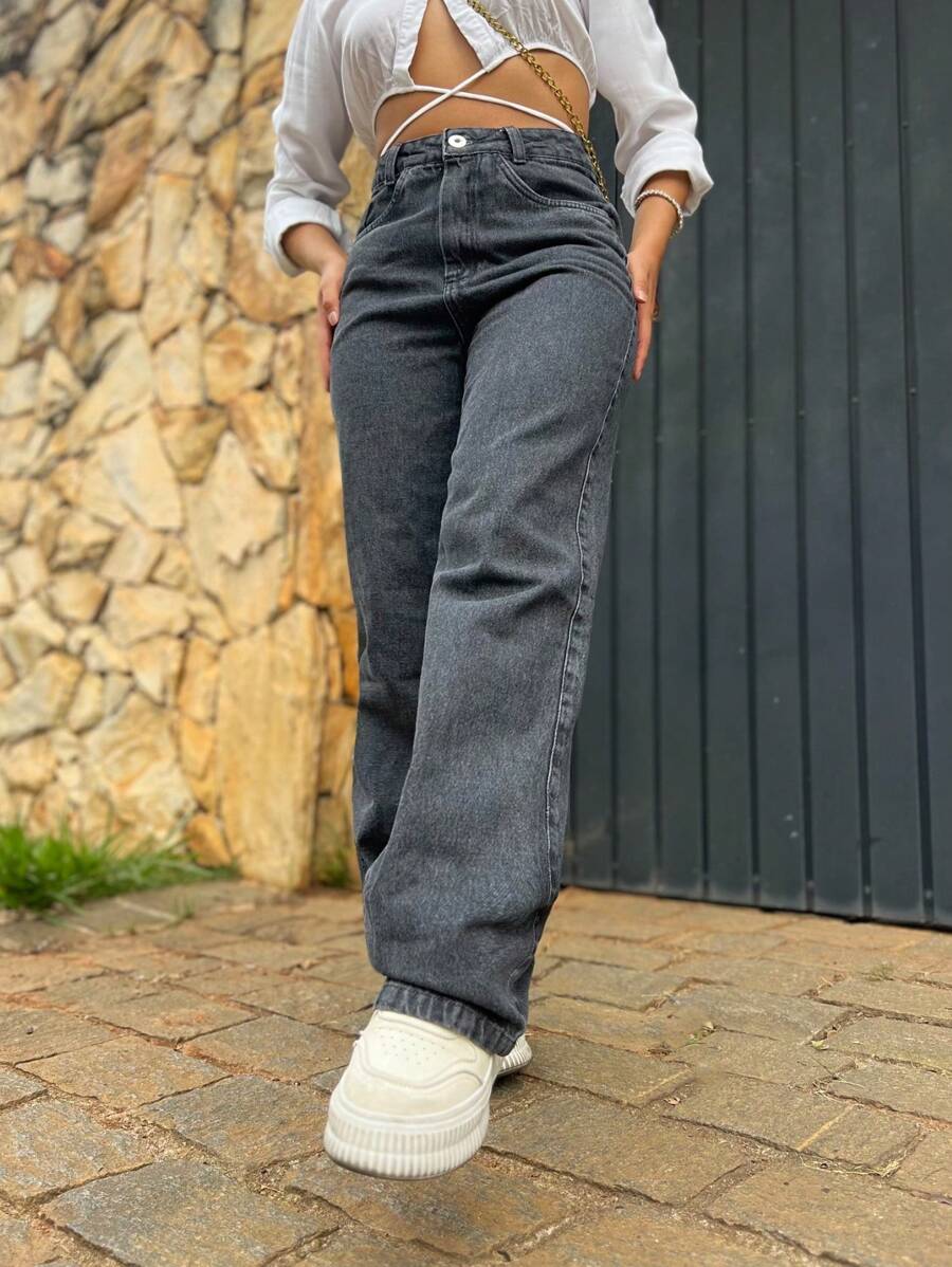 Pants/Wide Leg/Jeans/High Waist Women's Jeans Without Lycra - 灰色 - 查看 1