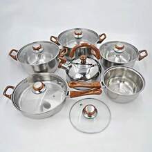 6pcs Stainless Steel Cookware Set With Wooden Handle, 12pcs Kitchen Cooking Pots - Silver - View 7