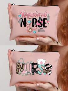 1pc Makeup Bag, Portable Toiletries Bag, Nurse Printed Women'S Portable Makeup Bag With Zipper Travel Bag Storage Box, Nurse Patterned Makeup Bag, Women'S Makeup Bag Travel Toilet Organizer, Back To School Doctor Teacher Gift, Love Flower Leopard Print Letter Pattern, Suitable For Daily Use, Appointments, Birthdays, Holidays, Back To School, Summer, Beach, Travel, Commuting, Students, Picnics, Camping, Daily Storage Makeup Bags Makeup Organizer Make Up Organizer Makeup Storage Makeup Pouch Make Up Pouch - Pink - View 19