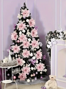 12pcs Christmas Tree Flower -5.7-Inch Pink Poinsettia Decoration, Plastic, Feather Free, Reusable Holiday Decoration, Universally Suitable For Holiday Decoration. Home Decor Christmas Decorations Room Decor - Multicolor - View 2