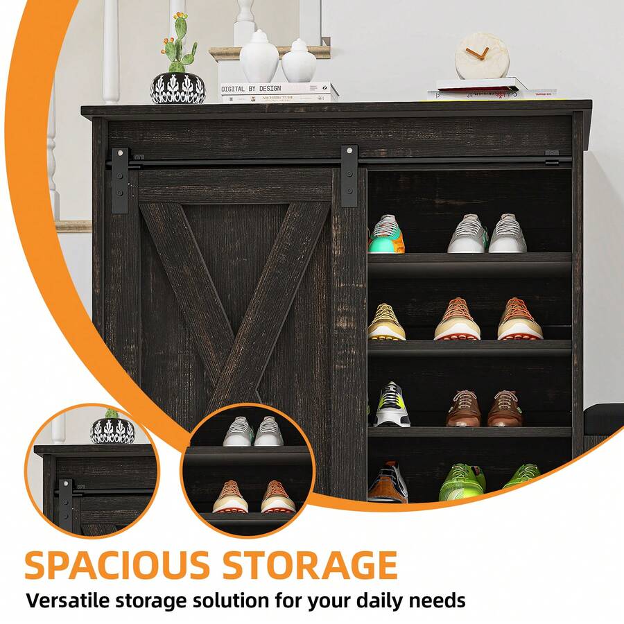 Shoe With Sliding Door & Shoe Bench,Farmhouse Narrow Slim 5