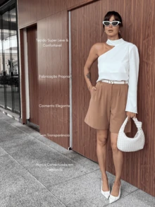 Solid Color Blouse With Bell Sleeves And Asymmetrical Neck Elegant Collar - 白色 - 查看 6