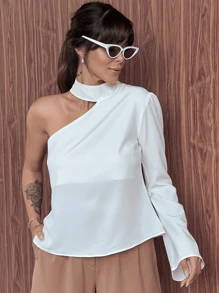 Solid Color Blouse With Bell Sleeves And Asymmetrical Neck Elegant Collar - 白色 - 查看 1