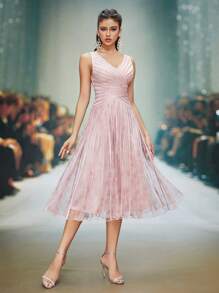 V 领花卉印花高低正式礼服派对礼服婚礼宾客礼服晚礼服 - 粉色 - 查看 3