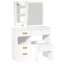 Vanity Desk With Sliding Mirror, Bedroom Dressing Table, Makeup Table With 5 Drawers & Shelves, Hidden Storage Space - White - View 1