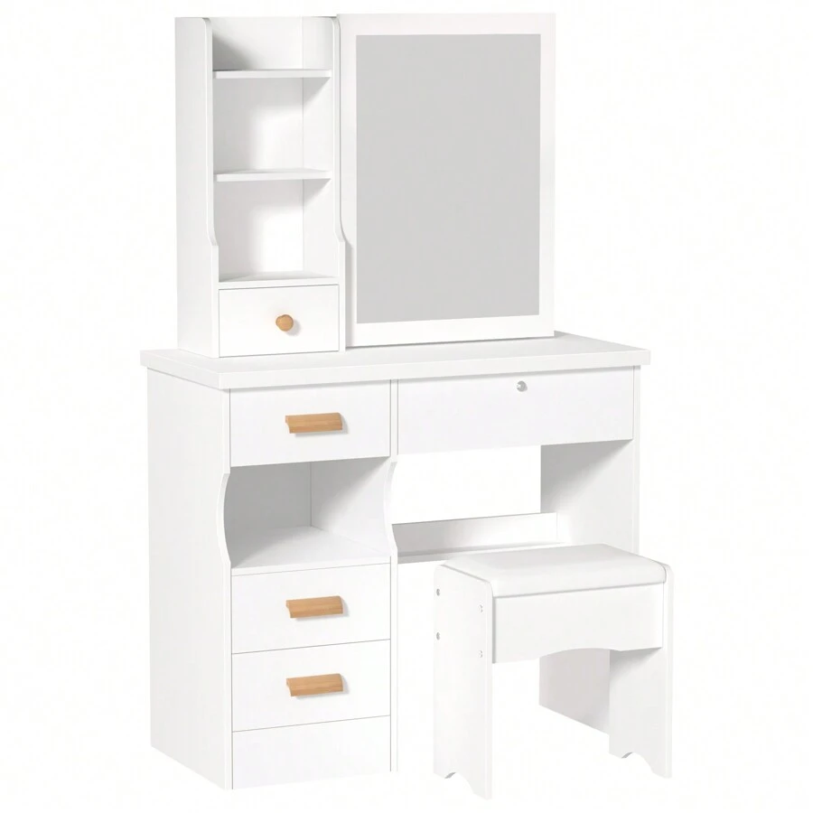 Vanity Desk With Sliding Mirror, Bedroom Dressing Table, Makeup Table With 5 Drawers & Shelves, Hidden Storage Space - White - View 1