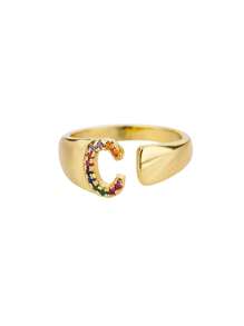 1 Pc Fashion Colorful Zirconia A-Z Letter Ring For Women Gold Color Stainless Steel Geometric Open Initial Ring Wedding Engagement Jewelry Party Gift