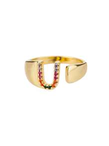 1 Pc Fashion Colorful Zirconia A-Z Letter Ring For Women Gold Color Stainless Steel Geometric Open Initial Ring Wedding Engagement Jewelry Party Gift