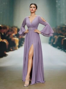 Mgiacy High-End Graduation Dress With A V-Neck Pearl Chiffon Long Flared Sleeves, A Belt With Diamond Buttons And A Front Lower Slit,Bridesmaid Dress - Dusty Purple - View 4
