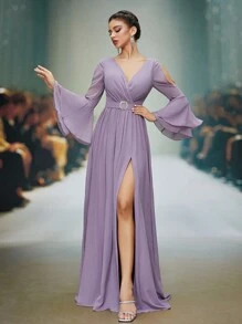 Mgiacy High-End Graduation Dress With A V-Neck Pearl Chiffon Long Flared Sleeves, A Belt With Diamond Buttons And A Front Lower Slit,Bridesmaid Dress - Dusty Purple - View 3