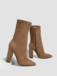 Women's Pointed Toe Thick High Heel Mid-Calf Elastic Zipper Short Boots, Suede Fabric Skinny Fit Autumn Winter Ankle Boots, Brown - Brown - View 5