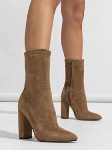 Women's Pointed Toe Thick High Heel Mid-Calf Elastic Zipper Short Boots, Suede Fabric Skinny Fit Autumn Winter Ankle Boots, Brown - Brown - View 2