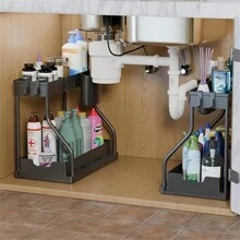 1pc/2pcs 2 Tier Black/WhiteUnder Sink Storage Organizer Sliding Drawer Multi-Purpose Rack Cabinet Under Sink Storage Rack Bathroom Kitchen Organizer.