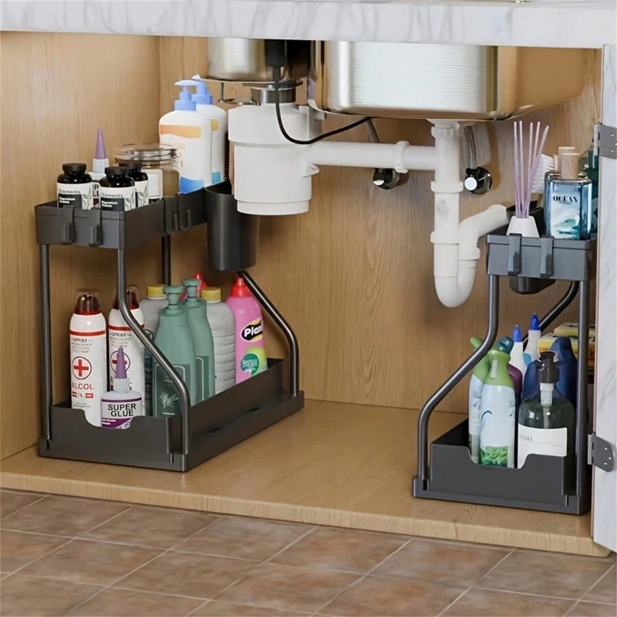 1pc/2pcs 2 Tier Black/WhiteUnder Sink Storage Organizer Sliding Drawer Multi-Purpose Rack Cabinet Under Sink Storage Rack Bathroom Kitchen Organizer.