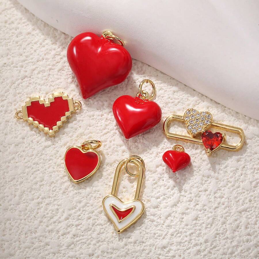 Conjunto de colgante de forma de corazón esmaltado en rojo con 2 agujeros para hacer joyas DIY, tono dorado de cobre en tamaño mini/mediano/grande, regalo para parejas, adorno navideño