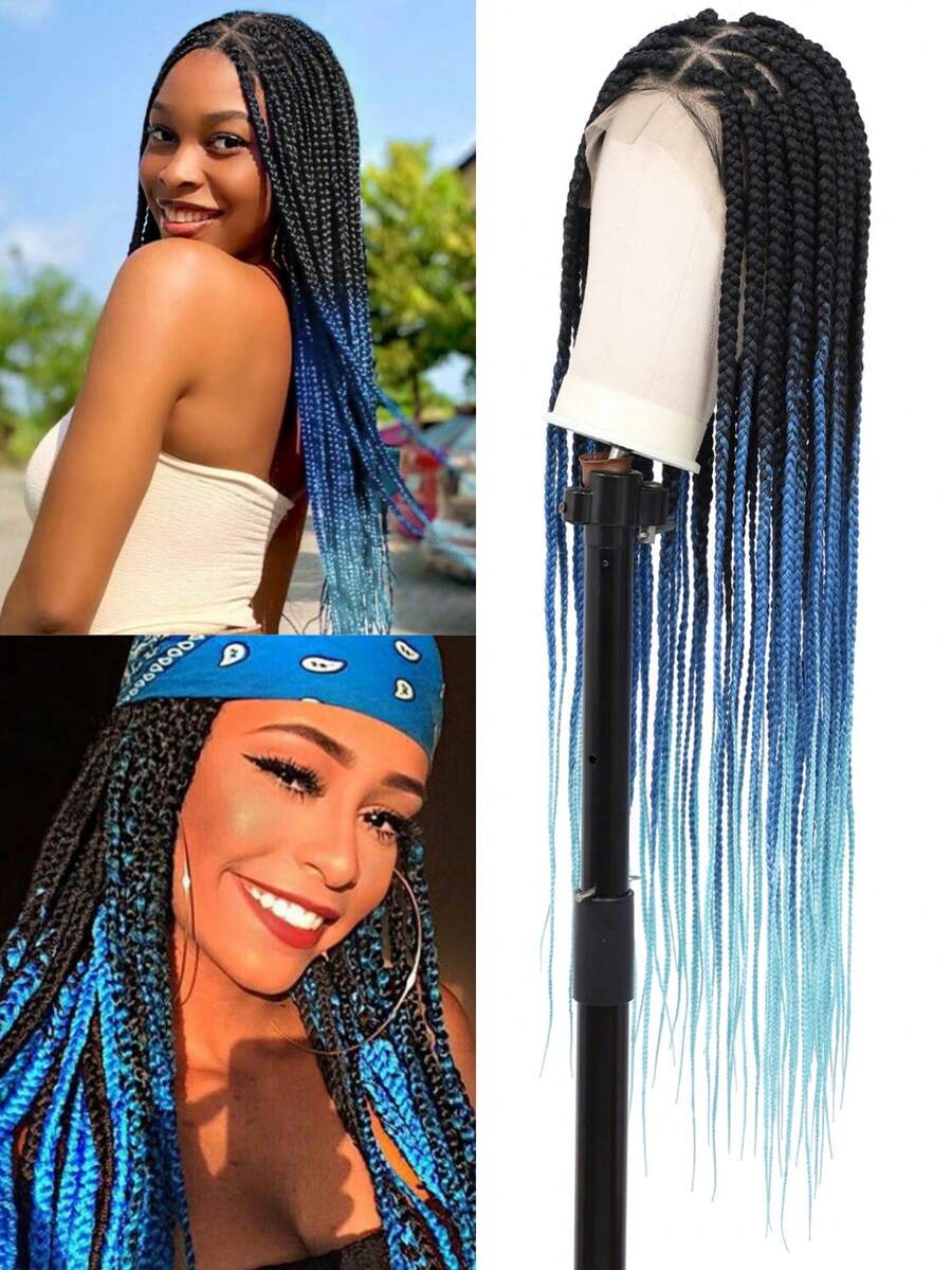 女士全双蕾丝 36 英寸三角形无结盒状编织假发 盒状编织全蕾丝前部假发 带婴儿头发 合成自然玉米辫假发