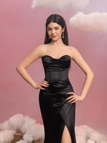 少女纯色筒形晚礼服：引人注目的高开衩设计，迷人的鱼尾裙摆和束腰设计——非常适合学校正式活动 - 黑色 - 查看 7