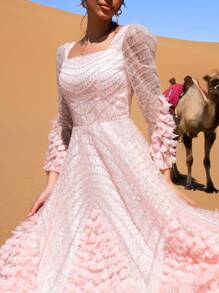 Faeriesty 优雅方领长袖A字型晚礼服，饰有3D立体花卉贴花，沙漠风格正式礼服，适合女性，是婚礼宾客、颁奖典礼、盛大晚宴、慈善舞会和正式晚宴活动的完美之选。 - 粉色 - 查看 8