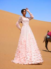 Faeriesty 优雅方领长袖A字型晚礼服，饰有3D立体花卉贴花，沙漠风格正式礼服，适合女性，是婚礼宾客、颁奖典礼、盛大晚宴、慈善舞会和正式晚宴活动的完美之选。 - 粉色 - 查看 7