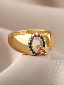 1 Pc Fashion Colorful Zirconia A-Z Letter Ring For Women Gold Color Stainless Steel Geometric Open Initial Ring Wedding Engagement Jewelry Party Gift