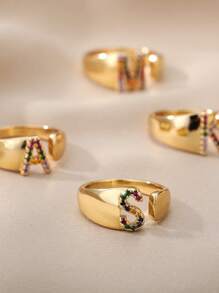 1 Pc Fashion Colorful Zirconia A-Z Letter Ring For Women Gold Color Stainless Steel Geometric Open Initial Ring Wedding Engagement Jewelry Party Gift