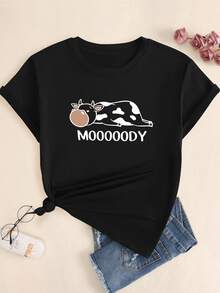 Mooooody Lazy Cow Print T-Shirt Women's Cotton Blouse - 黑色 - 查看 1
