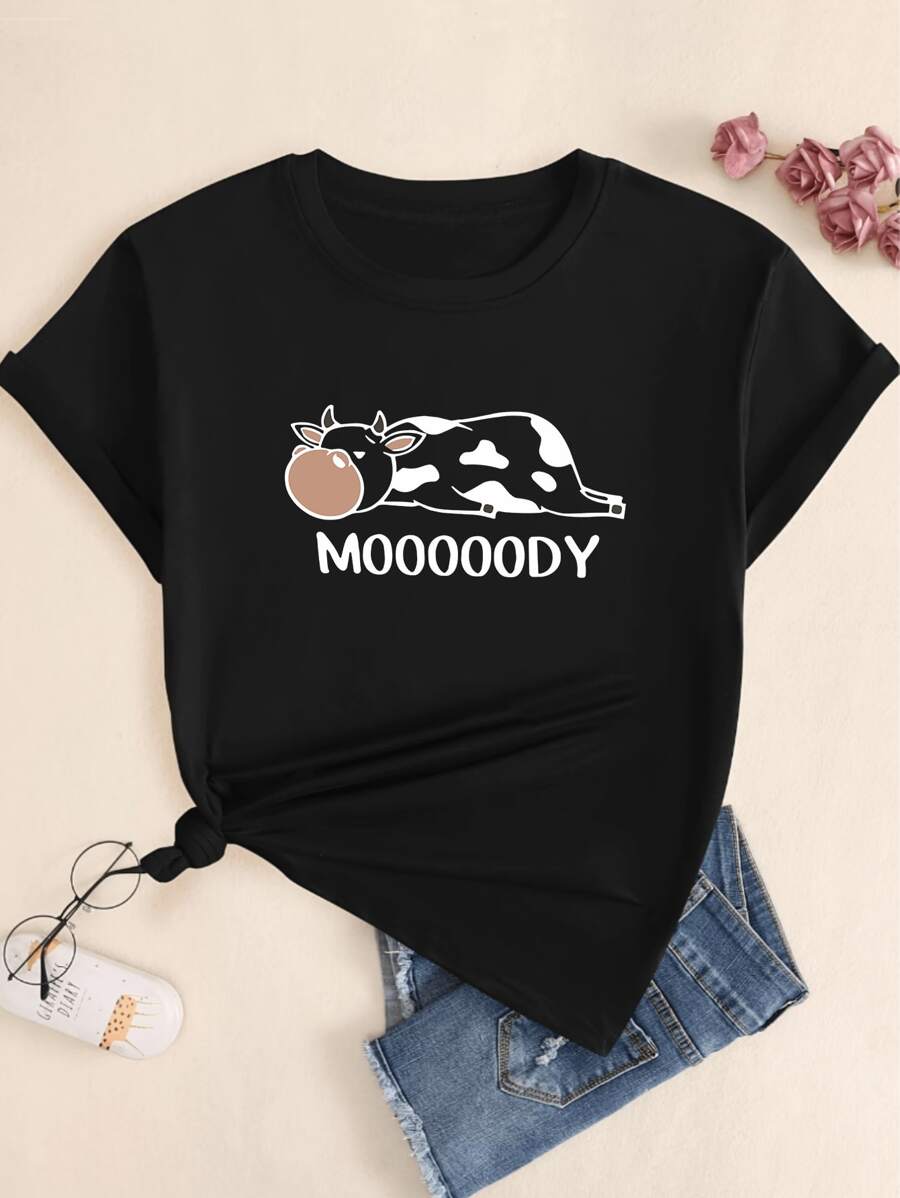 Mooooody Lazy Cow Print T-Shirt Women's Cotton Blouse - 黑色 - 查看 1