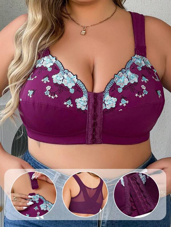 Plus Size Elegant Bra, Women's Plus Wireless Full Coverage Floral Embroidered Cross Strappy Back Bra Lingerie