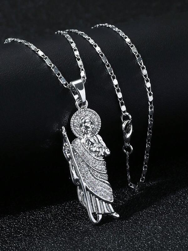 1 pieza Colgante de collar de acero inoxidable blanco con elemento religioso de zirconia, figura de Jesús y el santo patrón para hombres, dije religioso de zirconia cúbica de alta gama
