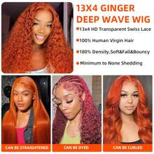 Ginger Orange Lace Front Wigs Human Hair 13x4 Deep Wave Lace Front Wigs For Black Women 180% Density Curly Colored Wigs 350# HD Transparent Ginger Wig Pre Plucked Hairline With Baby Hair
