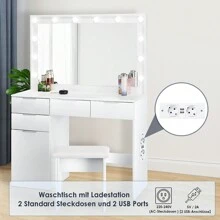 OYAJIA OYAJIA Große Schminktisch Weiß mit LED Beleuchtung und Hocker, Kosmetiktisch mit Spiegel, 4 Schubladen, Aufbewahrungsschrank und Hocker, Frisierkommode Frisiertisch Schlafzimmermöbel Vanity Set