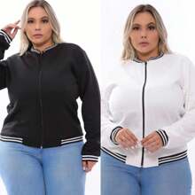 Kit 2 Plus Size Women's Bomber Jacket With Zipper G1 G2 G3 - 黑與白 - 查看 2