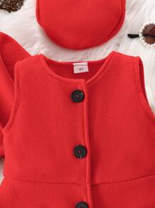 3 piezas Conjunto de chaqueta/abrigo informal elegante, femenino, dulce, lindo y retro; vestido sin mangas y sombrero para niña joven