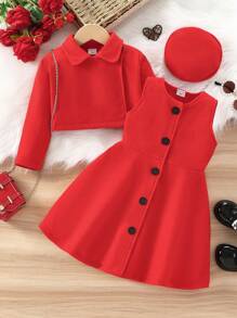 3 piezas Conjunto de chaqueta/abrigo informal elegante, femenino, dulce, lindo y retro; vestido sin mangas y sombrero para niña joven