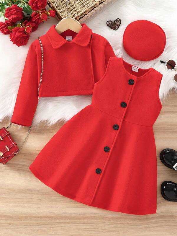 3 piezas Conjunto de chaqueta/abrigo informal elegante, femenino, dulce, lindo y retro; vestido sin mangas y sombrero para niña joven